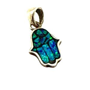 Sterling Silver Mosaic Opal Hamsa Hand Pendant Blue Green 1"  Signed 925